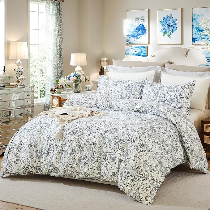 100% Cotton Duvet Cover Sets King Size, 3 Pieces Reversible Soft Bedding Sets,Blue Floral Paisley Comforter Cover, Breathable, Lightweight, All Season