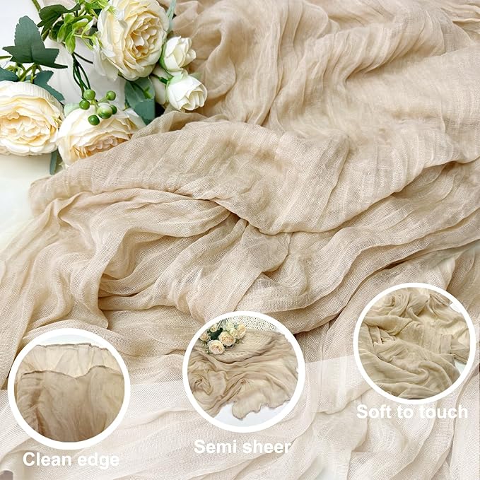 Booque Valley 3 Pack Beige Cheesecloth Table Runner 10ft Super Soft Boho Wrinkled Gauze Sheer Cloth for Baby Shower Baptism Birthday Party Wedding Centerpiece Table Decoration, 35x120 Inch