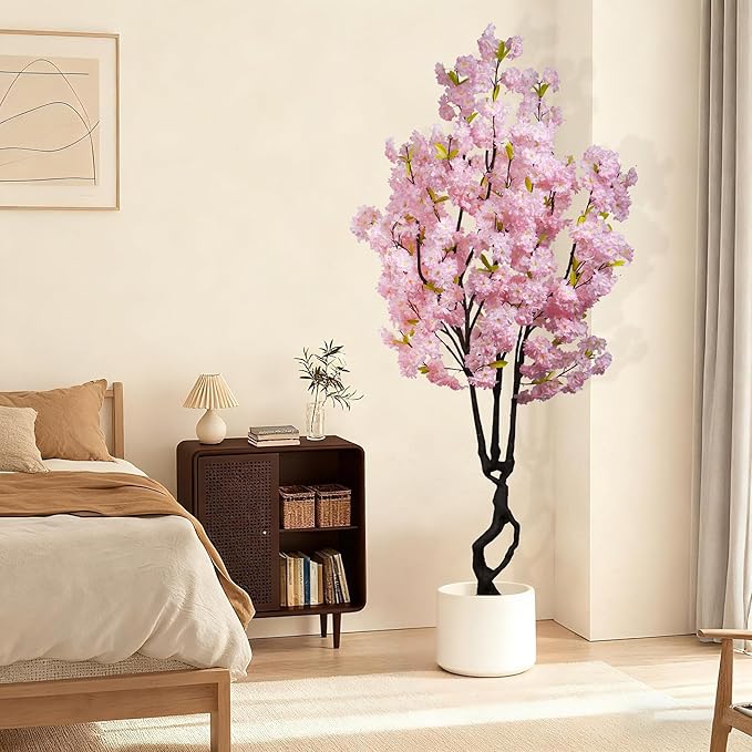 6.56ft Tall Pink Artificial Cherry Blossom Trees, Realistic Flower with Sturdy Plastic Pot, Fake Cherry Blossom Tree for Home Office Indoor Outdoor Party Wedding Christmas Decor
