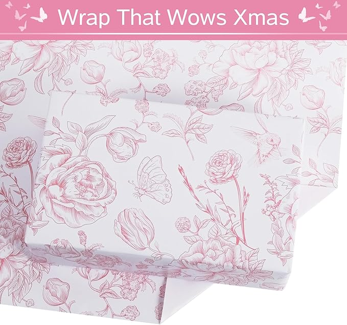 RayofSun Pink Floral Wrapping Paper Roll 17 in x 16.5 ft Mini Roll Vintage Toile Flower Gift Wrap Paper for All Occasion Wedding Birthday Bridal Shower Party Baby Shower Christmas