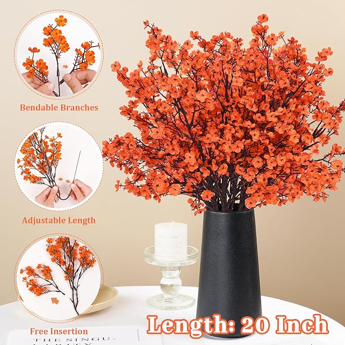 Yastouay Fake Fall Flowers Thanksgiving Table Decor, 15Pcs Fall Orange Faux Artificial Flowers for Decorations, Babys Breath Artificial Flowers Bulk for Thanksgiving Fall Decor Floral Arrangement