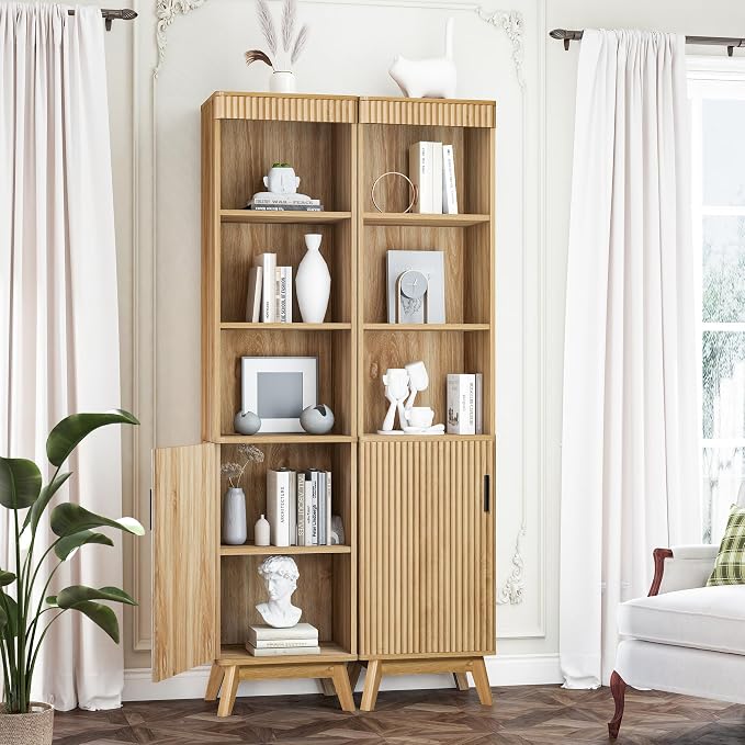 Bifins 68" Tall Bathroom Storage Cabinet,Narrow Fluted Tower Cabinet with Door and Shelves,Slim Space Saving Storage Unit for Bathroom Kitchen Living Room (Natural, 11.8" D x 15.75" W x 68" H)