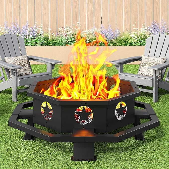 ZIENLIFE 43 Inch Fire Pit for Outside Wood Burning, Outdoor Octagonal Fire Pit with Poker, Large Firepit for Camping, Backyard, Patio, Black