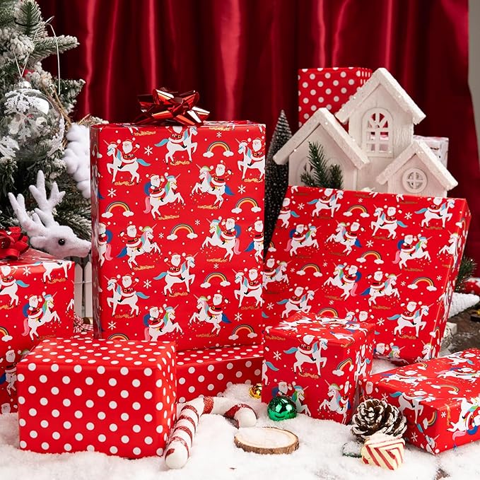 MAYPLUSS Christmas Wrapping Paper Roll - 17 Inch X 33 Feet - Reversible Fairytale Christmas Red Unicorn, Santa Claus, Rainbow, Polka Dot Design Holiday Winter Gift Wrap for Wedding, Party,Celebration
