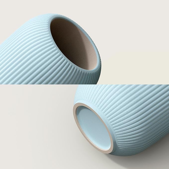 Set of 3 Vibrant Ceramic Vases in Light Blue, Mustard Yellow and Beige - Modern Minimalist Ribbed Decor for Centerpiece, Farmhouse Living Room, Kitchen Shelf, Gift Idea