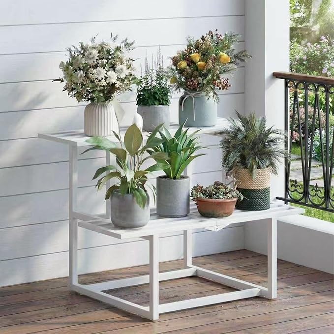 Plant Stand Indoor Outdoor, Foldable Metal Plant Shelf for Multiple Pots, Mid Century Slatted Bench for Patio Garden, Heavy Duty Capacity 330 lbs 2 Tier White