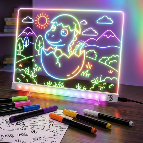 LED Drawing Board - 7 Colors & 3 Light Modes | Rechargeable Glow Doodle Board with 7 Markers & Tracing Book (7.9"x11.8")