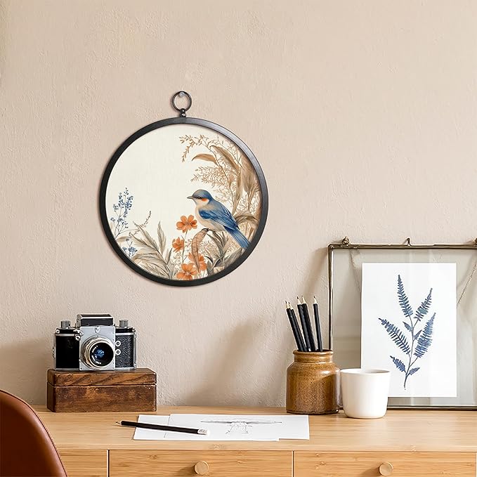 XIAOAIKA Vintage Wall Art with Metal Frame, Round Wood Print Featuring Bluebird and Wildflowers, Boho Wall Decor for Living Room, Bedroom, Kitchen, Entryway, 10 Inch