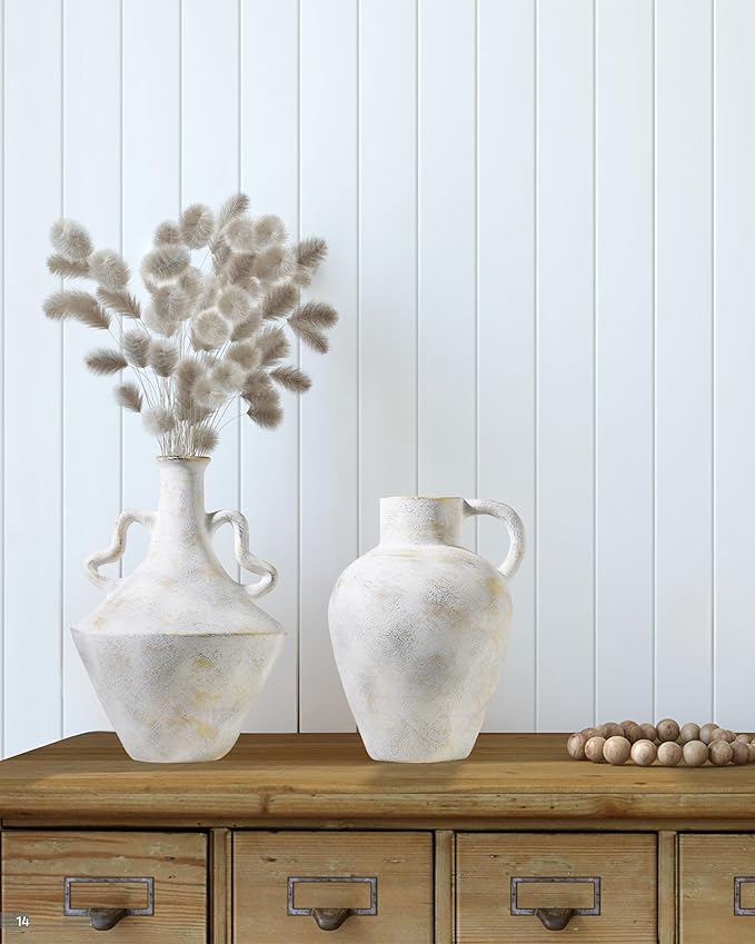 UPWOIGH 14 in Vintage-Inspired Distressed Ceramic Vase with Double Handles, White Handmade Look Flower Vase with Intentional Black Distressing, Modern Rustic Decorative Pottery for Living Room Table