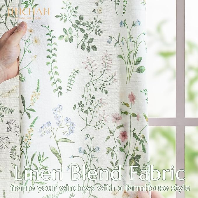 jinchan Floral Linen Blend Curtains for Living Room 96 Inch Length French Country Farmhouse Printed Curtains Sage Green on White Rod Pocket Back Tab Light Filtering Window Drapes 2 Panels