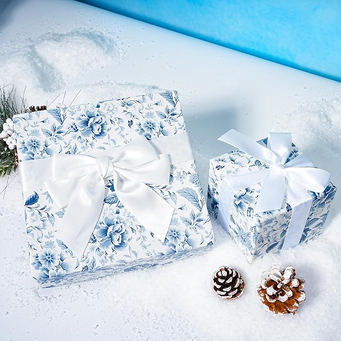 BIOBROWN Floral Wrapping Paper Jumbo Roll - 30 Inch X 33 Feet (82.5 sq. ft. ttl.) Blue White Peony Design Chinoiserie Gift Wrap Stone Paper for Christmas, Wedding, Bridal Shower, Mother's Day