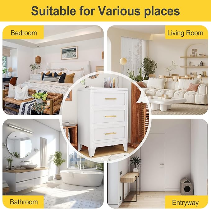 3 Drawers Tall White Dresser for Bedroom, 35.43" Metal Dressers & Chests of Drawers Curved Corner Design, Storage Organizer Drawer Chest with Large Capacity for Living Room, Entryway, Hallway
