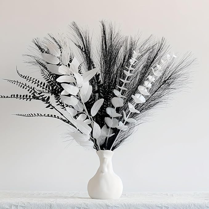 Black and white artificial bouquet in minimalist Nordic style, featuring artificial eucalyptus leaves and pampas grass for home decor, perfect as a centerpiece for hotel desks or dining tables.