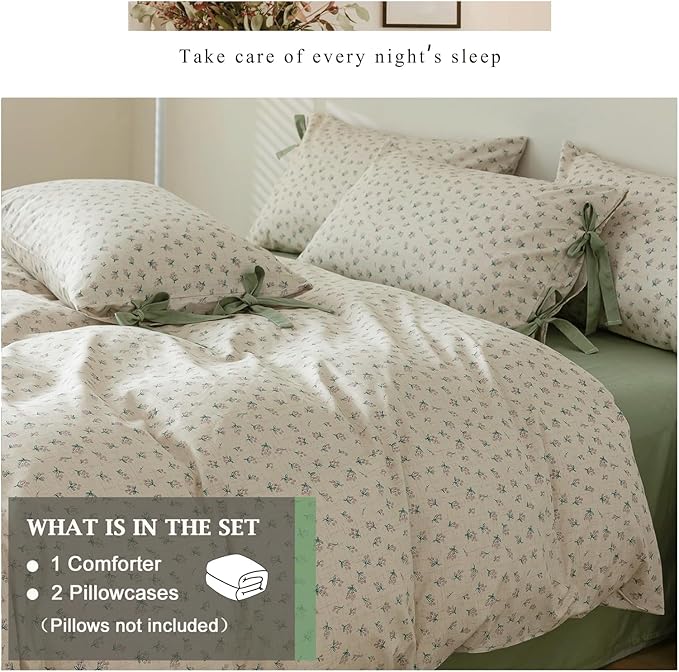 VM VOUGEMARKET Green Flower Comforter Set Twin,Vintage Floral Comforter with 2 Bow Ties Pillowcases Botanical Bedding Comforter Set for Girls Women(3pcs,Twin XL)