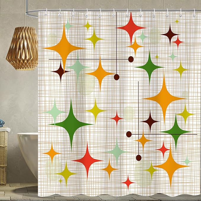 Mid Century Modern Shower Curtain, Retro Abstract Geometric Design Bath Curtains for Bathroom, Boho Colorful Unique Stars Pattern Decor Waterproof Fabric Shower Curtain Sets 12 Hooks 72X72 in