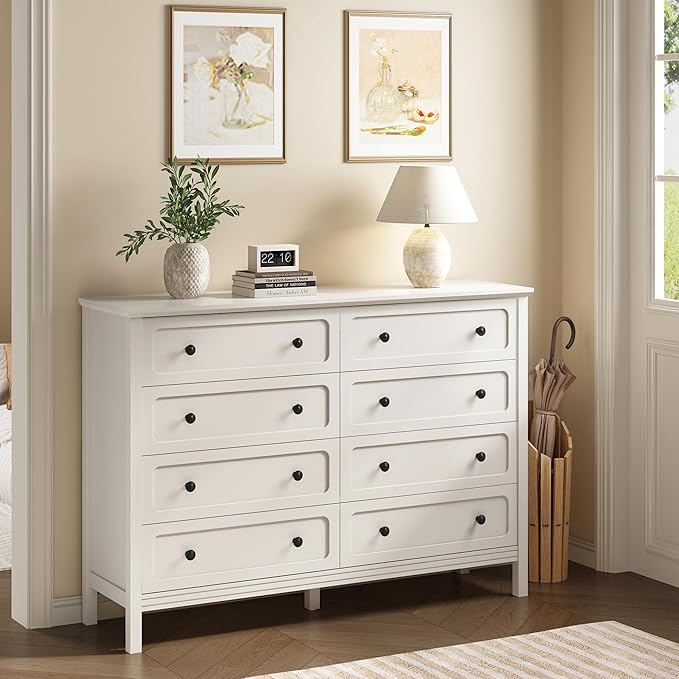 CARPETNAL White Dresser for Bedroom, 55" Wide 8 Drawer Dresser with Metal Handles and Deep Drawers, Modern Large Wood Chest of Drawers for Living Room, Hallway.