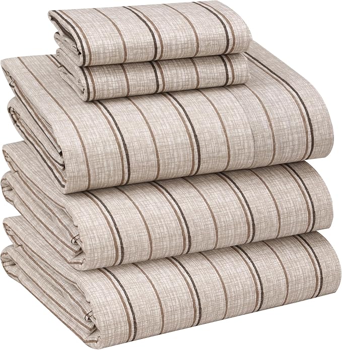 RUVANTI 100% Cotton Split King Sheets Sets for Adjustable Bed, 5 PCs, Soft & Breathable Percale Weave Bedding, Deep Pocket 16", Hotel Standard, Crisp Cool Feel & Durable, Striped Sheet, Brown Stripes