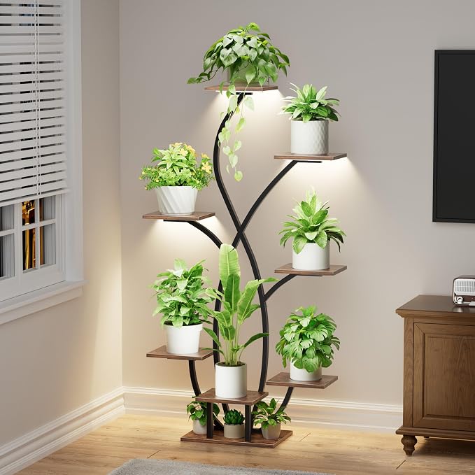 Plant Stand Indoor with Grow Light, 55'' Corner Plant Stands for Indoor Plants, 7 Tiered Indoor Plant Shelf, Flower-Shaped Plant Rack, Metal Display Shelves for Living Room Patio Balcony Decor Black