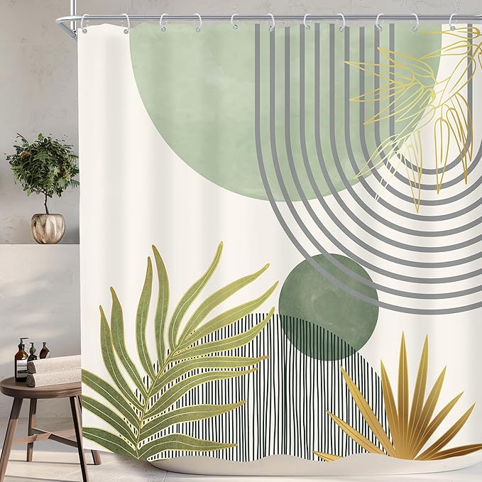 KOMLLEX Mid Century Mint Green Boho Shower Curtain 72Wx72L Inches Abstract Modern Shower Curtains for Bathroom Decor Plant Botanical Minimalist Arch Sun Fabric Liner Waterproof Polyester 12 Pack Hooks