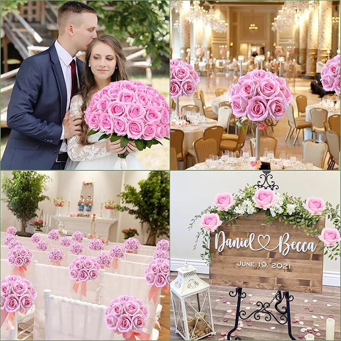 Waipfaru Pink Roses Artificial Flowers Bulk, Real Touch Velvet Roses with Wrapping Paper, 50 Pcs Fake Flowers for Wedding Centerpieces Bridal Bouquet Valentines Mothers Day Decor