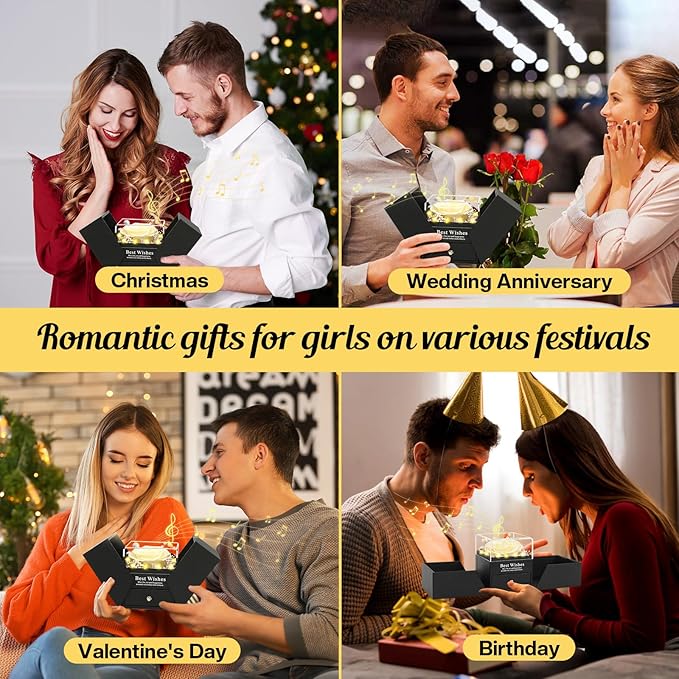 Preserved Real Rose Gift with “I Love You” 100 Languages Necklace and Music, Eternal Flower for Women Girlfriend Wife Mom Grandma, Romantic Anniversary Birthday Gift for Women