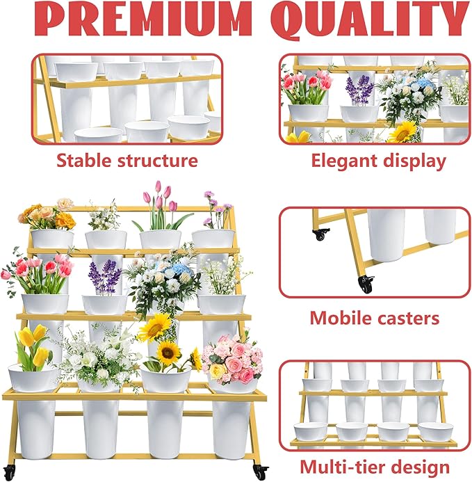 PROLEE Flower Display Stand with 12 Buckets, Flower Cart 3 Layers, Flower Stand Metal with Wheels, Moving Florist Bouquet Shelf, Triangular Rack, Gold