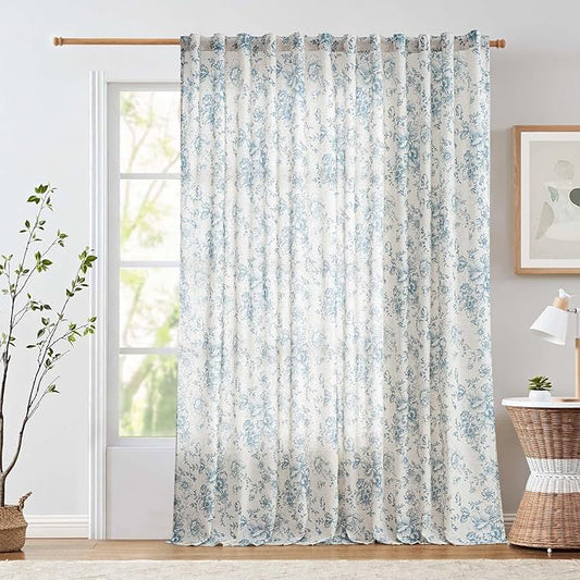 jinchan Linen Floral Curtains 100 Inch Extra Wide for Patio Sliding Glass Door Room Divider Curtain for Living Room 96 Inch Length Farmhouse Peony Blue Printed Curtain Set 1 Panel