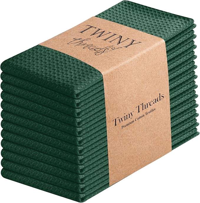 TWINY threads Waffle Weave Kitchen Towel Set of 12, 16x26 Inches, Premium 100% Cotton Dishcloths with Hanging Loop, Absorbent, Quick Drying Cloths for Drying Dishes, Washable, Reusable, Forest Green