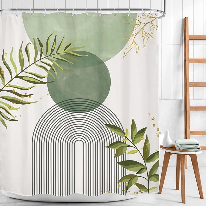 Sage Green Boho Shower Curtain 60Wx72H Modern Bohemian Abstract Leaves Olive Dark Green Mid Century Plant Bathroom Decor Minimalist Geometric Arch Bath Curtain Fabric Polyester 12 Pack Hooks