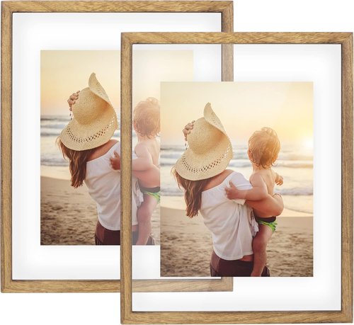 DLQuarts Floating Photo Frame - Double Glass Display for 11x14 Photos | Solid Wood, 2 Pack, Carbonized Brown