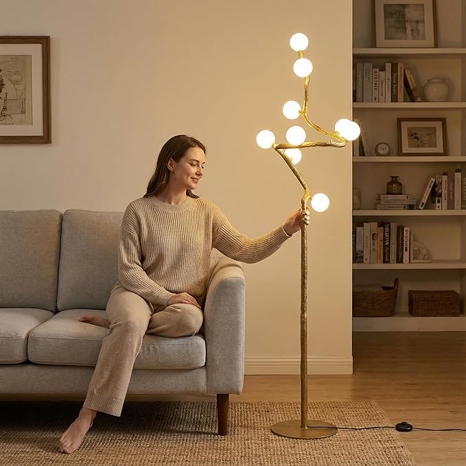 Rustic Farmhouse Tree Floor Lamp, Mid Century Modern Vintage Standing Lamp, 9-Light Moon Floor Lamp with 3D Printed Shades, Retro Branch Floor Light for Living Room Bedroom Officer(66")