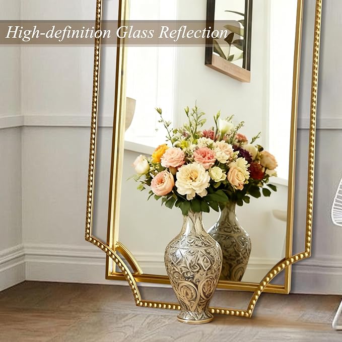 Gold Bathroom Mirror with Metal Frame 24"x36" Antique Beaded Decorative Wall Vanity Mirror Rectangle Polished Beveled Mirrors for Bedroom Entryway Fireplace