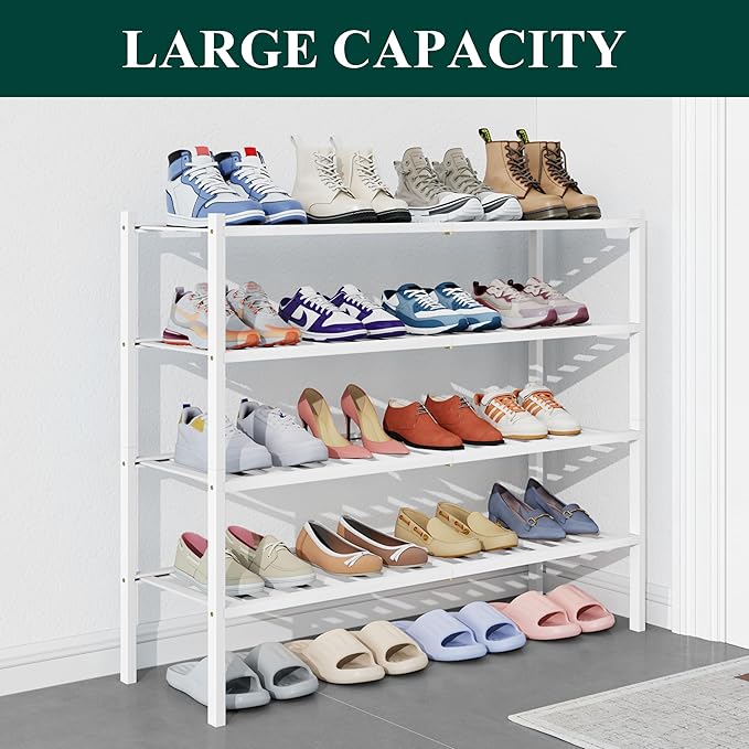 Smiry Bamboo Shoe Rack for Closet, 4 Tier Long Wooden Stackable Shoe Organizer, Free Standing Shoes Storage Shelf for Entryway, Front Door Entrance, White