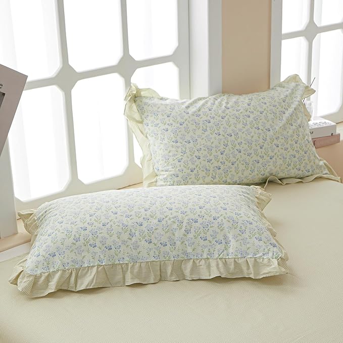 VM VOUGEMARKET Green Ruffle Comforter Set Queen Girls Blue Flower Comforter with 2 Lace Pillow Shams Romantic Cottagecore Bedding Set for All Seasons(3pcs,Queen)