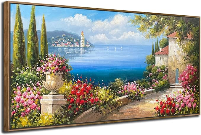 Arjun Large Wood Framed Landscape Wall Art Canvas Living Room Hand Painted, Mediterranean Seascape Painting Bedroom Flower Blue Ocean Picture Artwork Home Office Wall Decor, 48"x24"