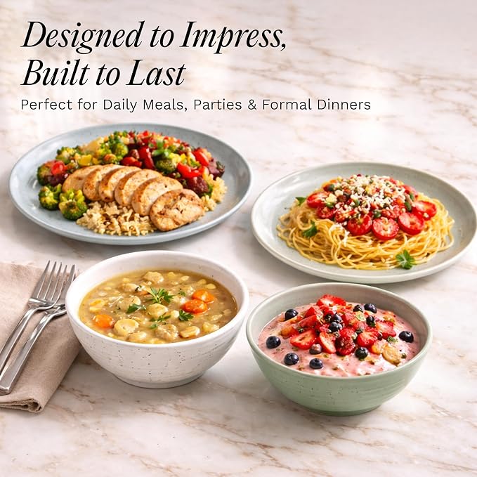 Sango Siterra Artist's Blend 16-Piece Stoneware Dinnerware Set for 4, Green, Cream & White Glossy Dishes with Speckles, Ceramic Plates and Bowls Sets for Everyday Dining, Microwave & Dishwasher Safe