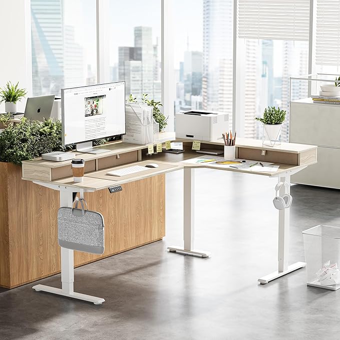 FEZIBO L Shaped Electric Standing Desk, 63 x 48inch Large with Drawers | Reversible Tabletop, 2 Memory Height Settings | Home Office & Gaming Height-Adjustable Table, Light Walnut Top/White Frame