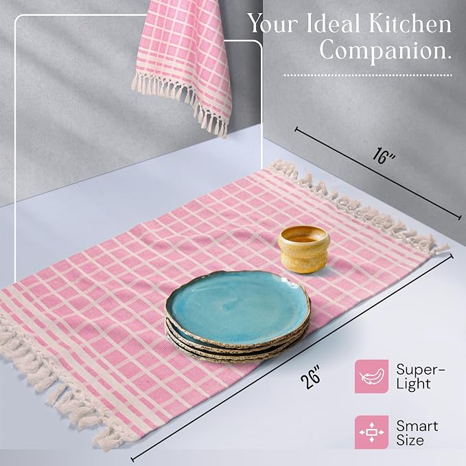 Matrix Dobby Kitchen Towels 4 Pack 100% Cotton, 16x26 Inches, Dish Towels with Knotted Tassels, Reusable and Washable Cloths for Cleaning, Drying Dishes - Rose Pink, Natural