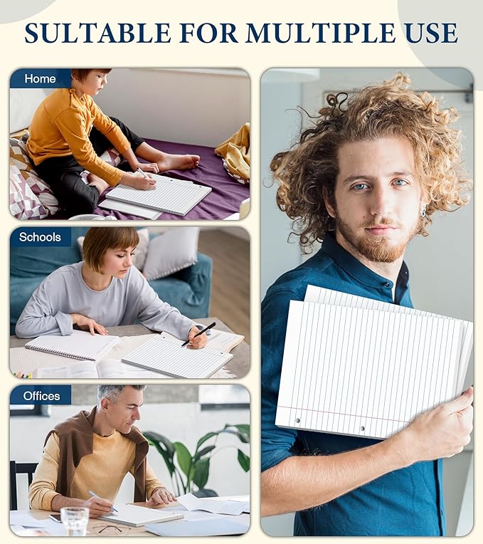 400 Sheets 8.5 x 11 Wide Ruled Paper, Loose Leaf Paper, 3 Hole Punch Paper 8.5 x 11 White Loose Leaf Notebook Paper for 3 Ring Binders, Lined Paper Wide Ruled, Writing Paper (4 Pack)