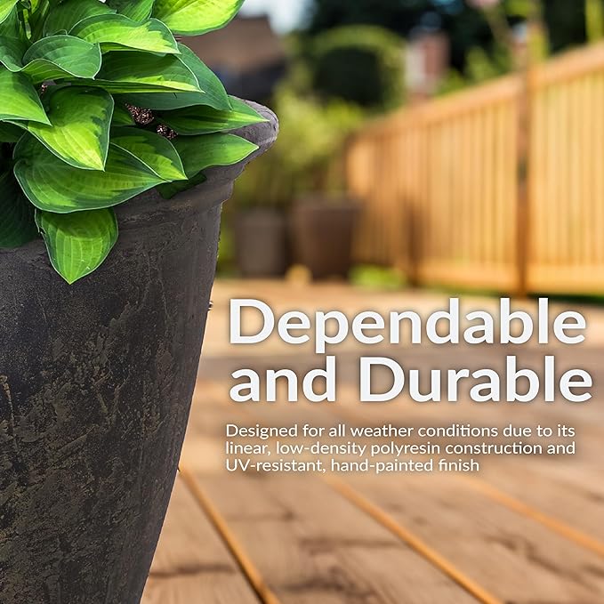 Sunnydaze 24-Inch Anjelica Large Plastic Pot for Plants - Double-Walled Outdoor Polyresin Round Planter Porch Pot with Drillable Drainage Holes - Sable