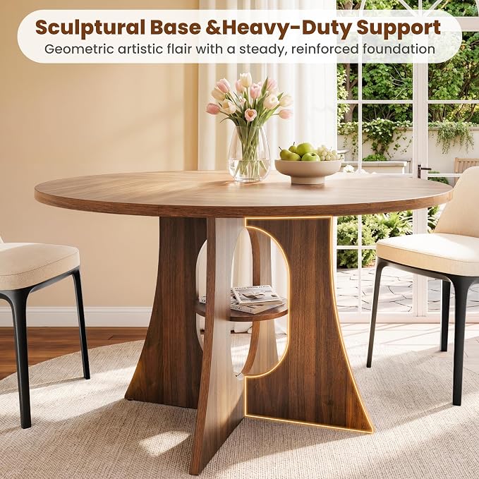 47" Round Dining Table for 4-6, Space-Saving Dining Room Table with Thick Tabletop and Sculptural Base, Wood Grain Dinner Table with Storage Shelf for Kitchen, Dining Room, Living Room, Walnut