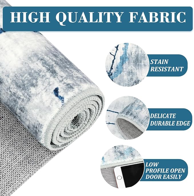 Area Rug 6x9 Washable Modern Abstract Rug for Living Room Water Ink Abstract Small Accent Carpets Low Pile Soft Bedroom Floor Covers Non Shedding Office Carpet Mat for Porch Kitchen， Blue