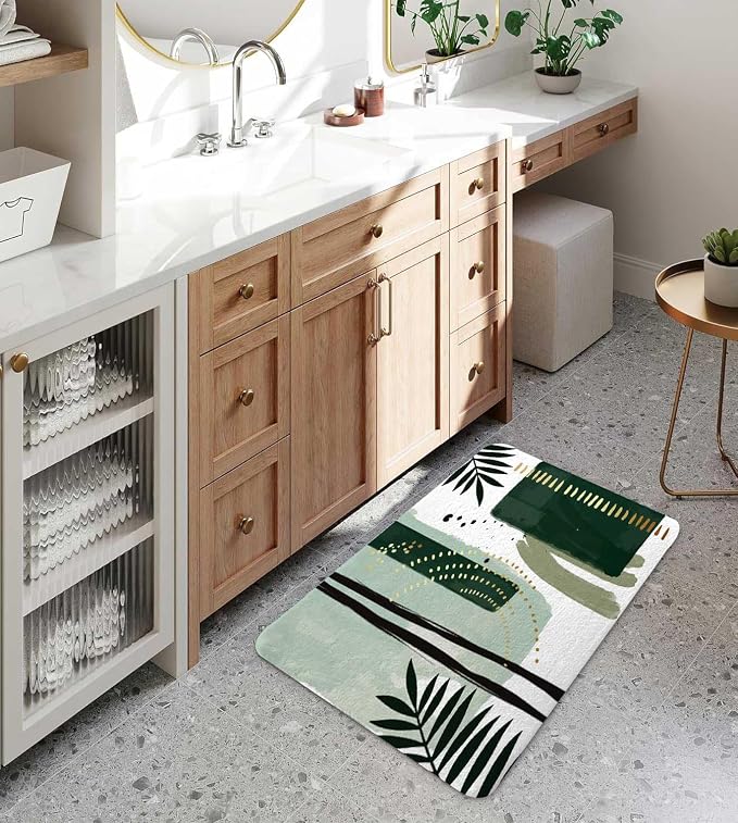 Green Mid Century Bath Rugs for Bathroom, Modern Boho Geometric Abstract Emerald Green Minimalist Striped Non Slip Flannel Bathroom Rug, Dry Fast Water Absorbent Bath Mats, 17x29 Inch