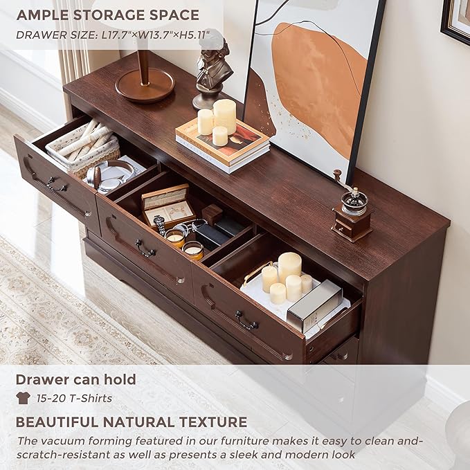 LIDYUK 9 Drawer Dresser for Bedroom Farmhouse Cherry Tall Wood Chest of Drawers for Bedroom Dresser, Modern Rustic 59" Wide Drawers Dressers Wooden Closet and Storage Cabinet, Hallway, Living Room
