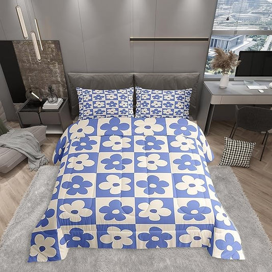 Castle Fairy Kids Cute Flowers Plaid Twin Size Comforter Set,Blue and Cream Floral Checked Duvet Set for Kids Boys Bedroom,Fashion Geometric Style Soft Microfiber Bedding Comforters,2 Pcs