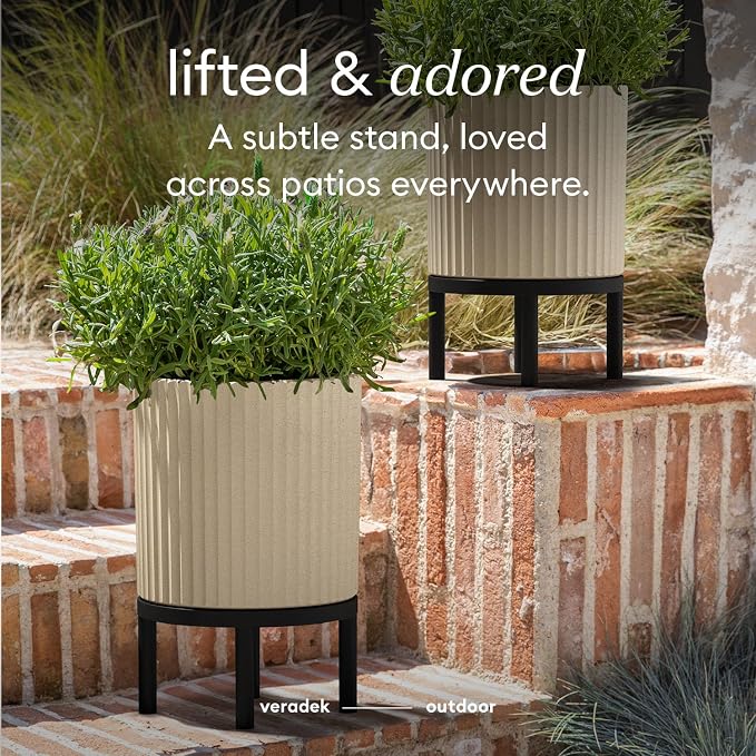 Veradek Demi Series Round Planter w/Stand for Porch/Patio | Durable Plastic-Stone Composite & Wooden Stand | Modern Décor for Tall Plants, Flowers