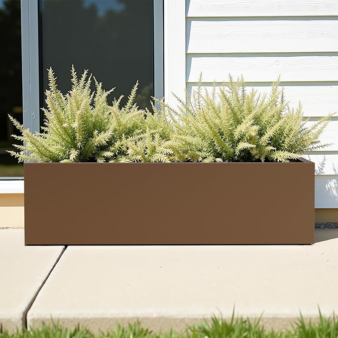 Casaphoriar Metal Planter Box 36"x9"x9", Rectangular Planter and Drainage Holes, Perfect for Outdoor Patio and Balcony Decor, Brown