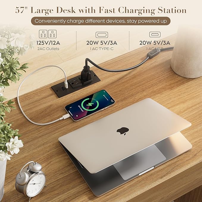 Yechen Executive Desk with 5 Drawers, 57" Modern Rattan Home Office Desk with Charging Station, File Drawer, Farmhouse Boho Computer Writing Desk for Study, Work, Oak