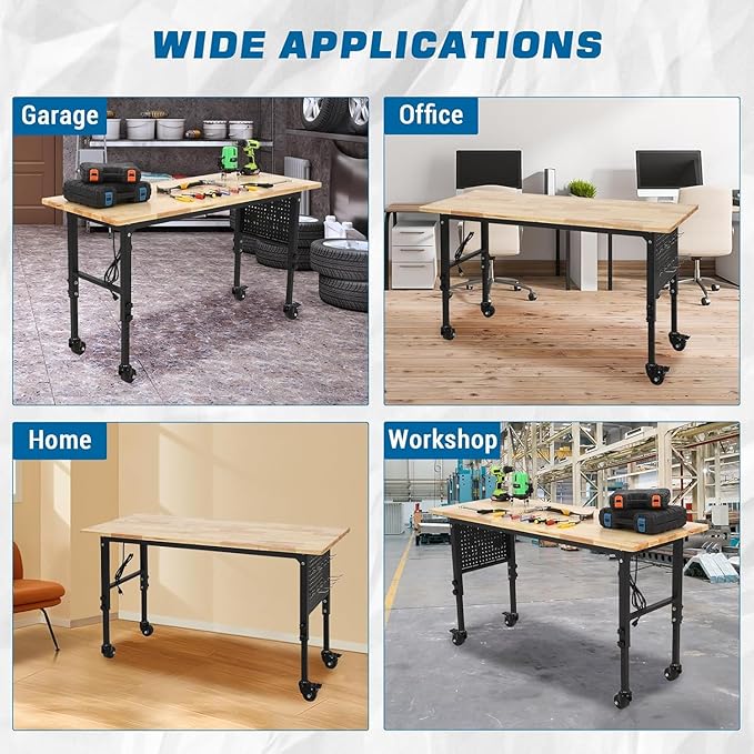 TrailBlaze 60"x24" Workbench, Heavy Duty Rubber Wood Top Workbench with Pegboard Hooks & Power Outlet & 4 Lockable Wheels, Adjustable Height Work Table for Home Garage Workshop - 2000lbs Load Capacity
