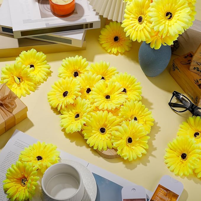 100 Pcs Flowers Long Stem Artificial Daisy, 4 Inches Silk Gerbera Head Flowers Fake for Wedding Bridal Bouquet Home Floral DIY Day of The Dead Tables Centerpieces Party Decoration (Yellow)